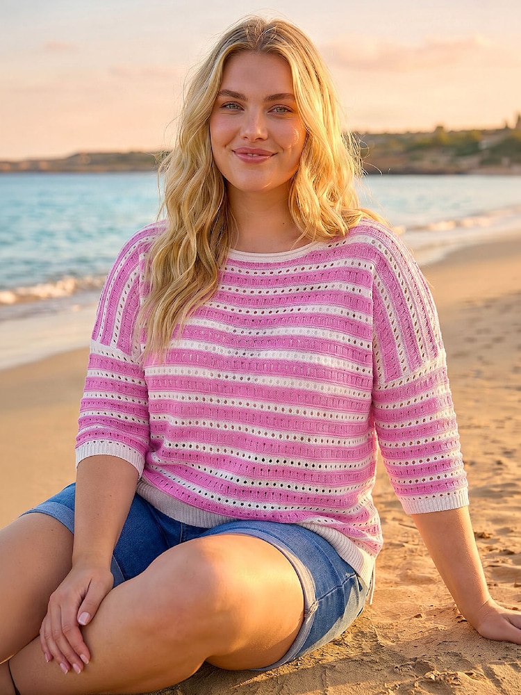 Roman Pink Curve Crochet Stripe Knit Jumper - Image 1 of 4