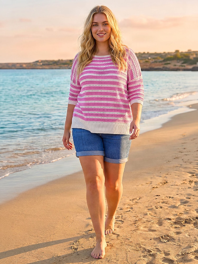 Roman Pink Curve Crochet Stripe Knit Jumper - Image 2 of 4