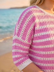 Roman Pink Curve Crochet Stripe Knit Jumper - Image 4 of 4