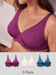 Plum Purple/Teal Blue/Cream Non Pad Full Cup DD+ Microfibre Smoothing Ultimate Comfort T-Shirt Bras 3 Pack - Image 1 of 12