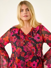 Roman Pink Curve Floral Ruffle Mesh Top - Image 1 of 4