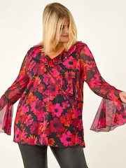Roman Pink Curve Floral Ruffle Mesh Top - Image 2 of 4