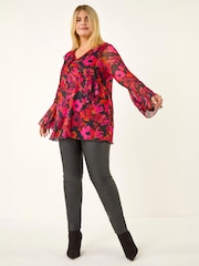 Roman Pink Curve Floral Ruffle Mesh Top - Image 3 of 4