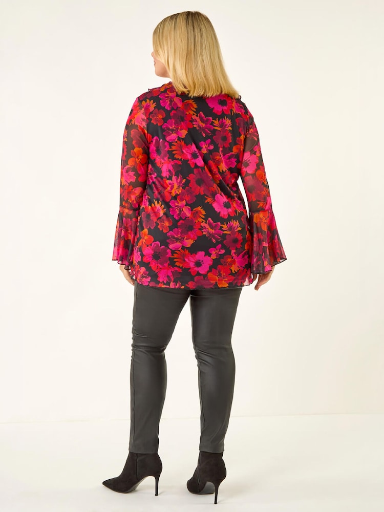 Roman Pink Curve Floral Ruffle Mesh Top - Image 4 of 4 Roman Pink Curve Floral Ruffle Mesh Top - Image 4 of 4