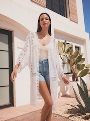 White Crochet Longline Kimono Cover-Up - Image 3 of 6