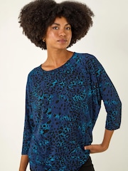 Roman Blue Animal Print Stretch Top - Image 1 of 4