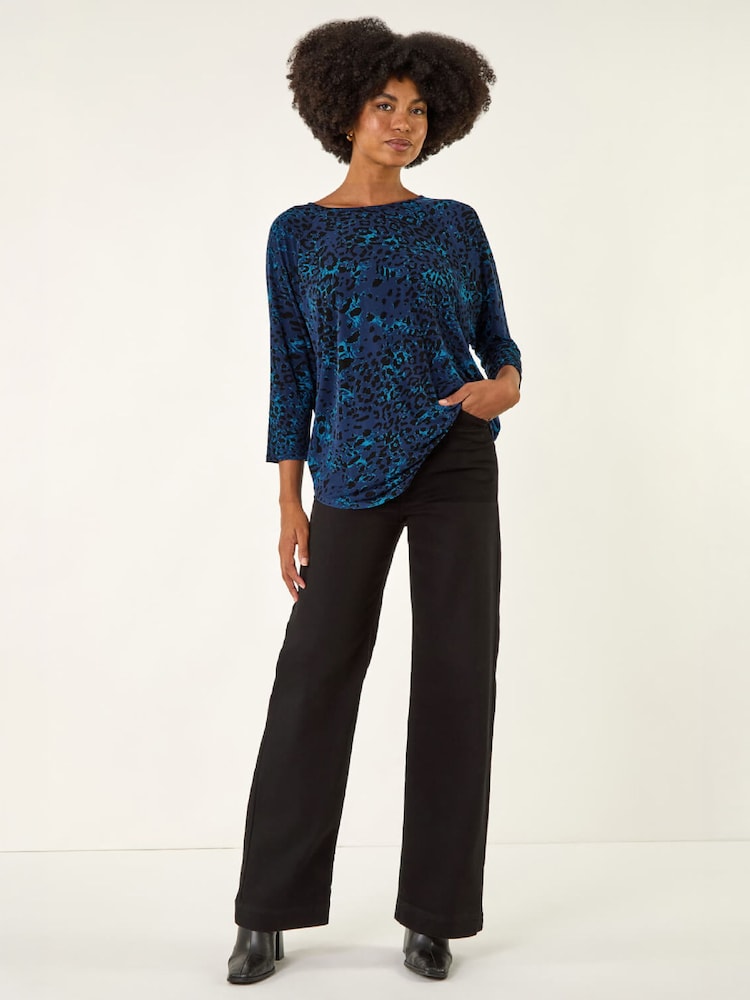 Roman Blue Animal Print Stretch Top - Image 2 of 4 Roman Blue Animal Print Stretch Top - Image 2 of 4