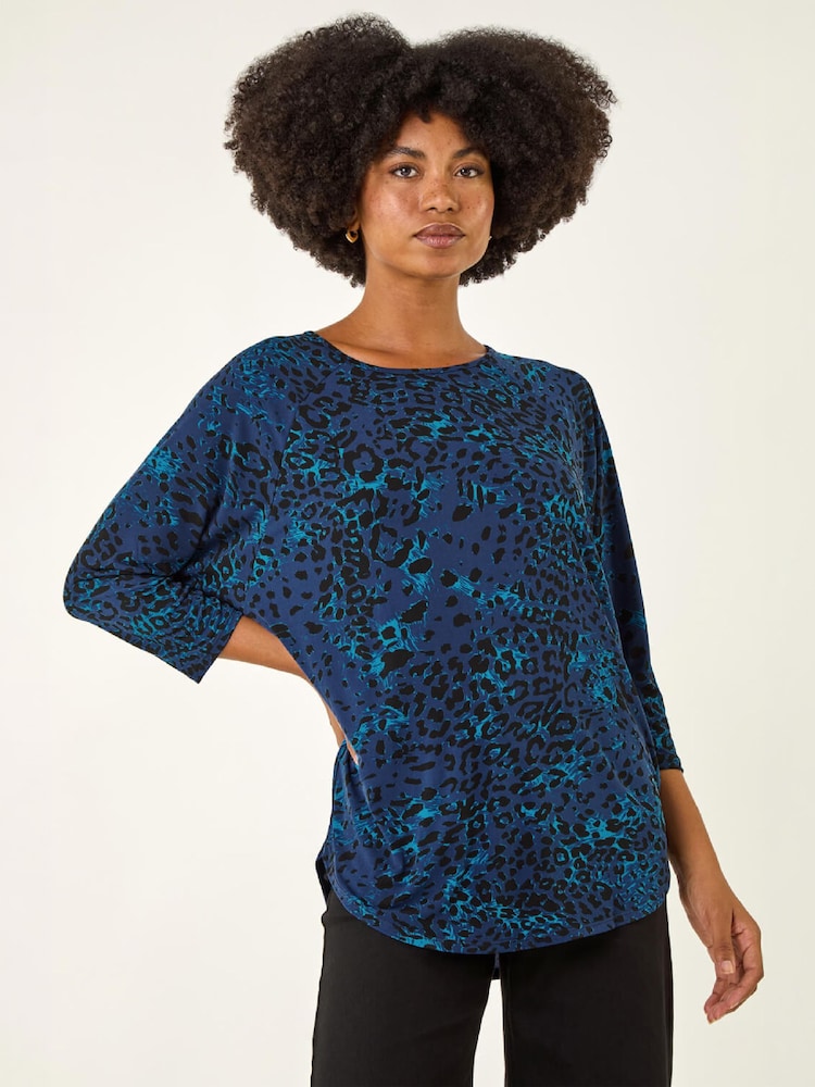 Roman Blue Animal Print Stretch Top - Image 4 of 4 Roman Blue Animal Print Stretch Top - Image 4 of 4