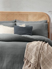 Yard Dusk Blue Chunky Waffle 100% Cotton Duvet Cover Set - Image 3 of 5