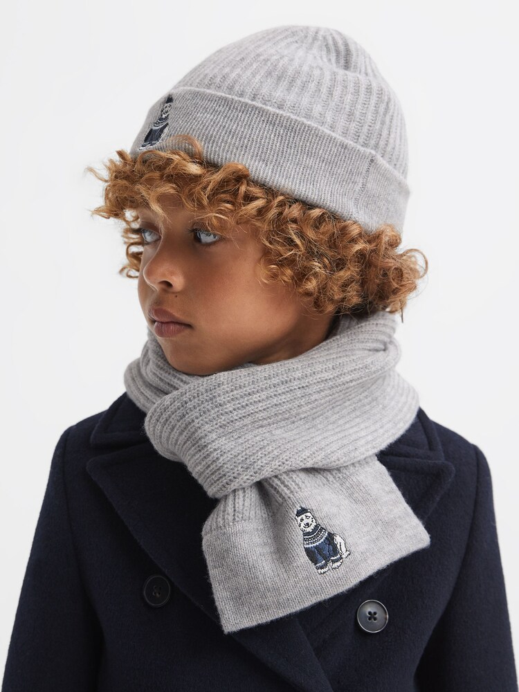 Reiss Soft Grey Melange Talbert 3-6 yrs Wool Motif Beanie Hat and Scarf Set - Image 2 of 6