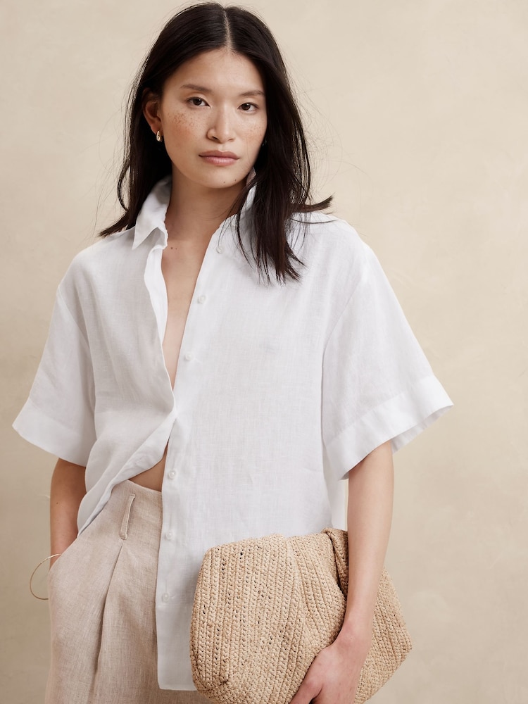 Banana Republic White The Boxy Crop Linen Shirt - Image 1 of 1