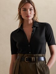 Banana Republic Black Essential Polo Button-Up Blouse - Image 3 of 4
