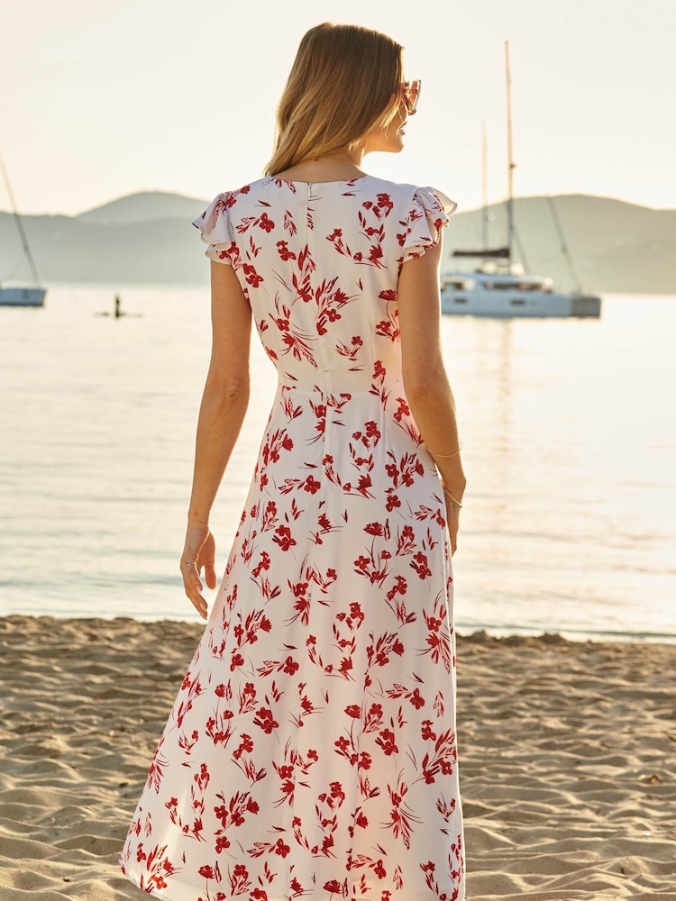 Sosandar Cream V-Neck Short Sleeve Midi Dress - Image 2 of 4