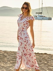Sosandar Cream V-Neck Short Sleeve Midi Dress - Image 3 of 4
