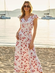 Sosandar Cream V-Neck Short Sleeve Midi Dress - Image 4 of 4