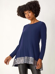Roman Blue Sequin Hem Tunic Stretch Top - Image 1 of 4