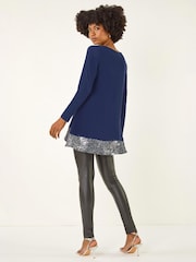 Roman Blue Sequin Hem Tunic Stretch Top - Image 2 of 4