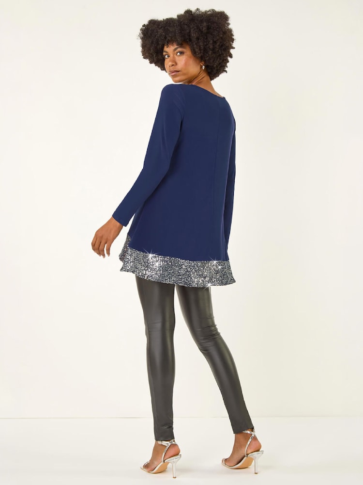 Roman Blue Sequin Hem Tunic Stretch Top - Image 2 of 4 Roman Blue Sequin Hem Tunic Stretch Top - Image 2 of 4