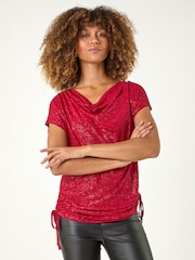 Roman Red Sparkle Cowl Neck Tie Side Top - Image 4 of 4