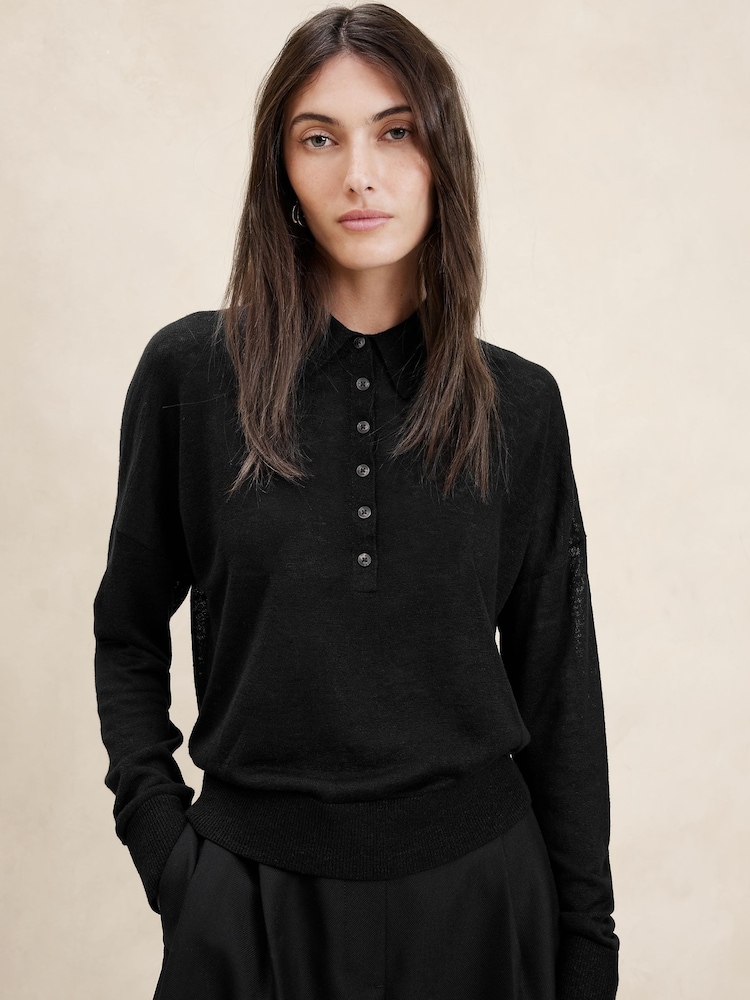 Banana Republic Black Fern Linen-Blend Polo Neck Jumper - Image 1 of 1