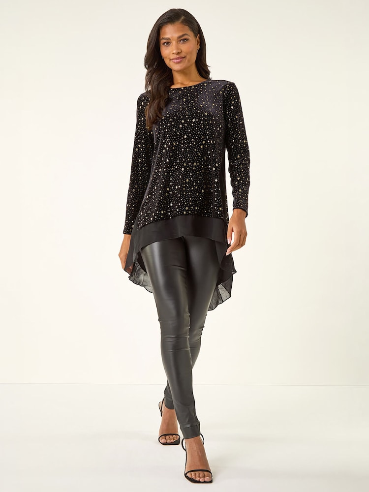 Roman Metallic Star Print Velvet Chiffon Hem Top - Image 1 of 4 Roman Metallic Star Print Velvet Chiffon Hem Top - Image 1 of 4