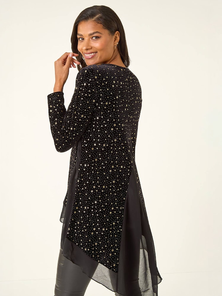 Roman Metallic Star Print Velvet Chiffon Hem Top - Image 2 of 4 Roman Metallic Star Print Velvet Chiffon Hem Top - Image 2 of 4