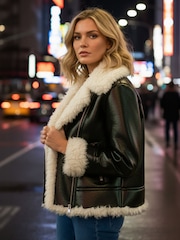 Roman Black Contrast Leather Aviator Coat - Image 1 of 4