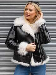 Roman Black Contrast Leather Aviator Coat - Image 3 of 4