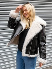 Roman Black Contrast Leather Aviator Coat - Image 4 of 4