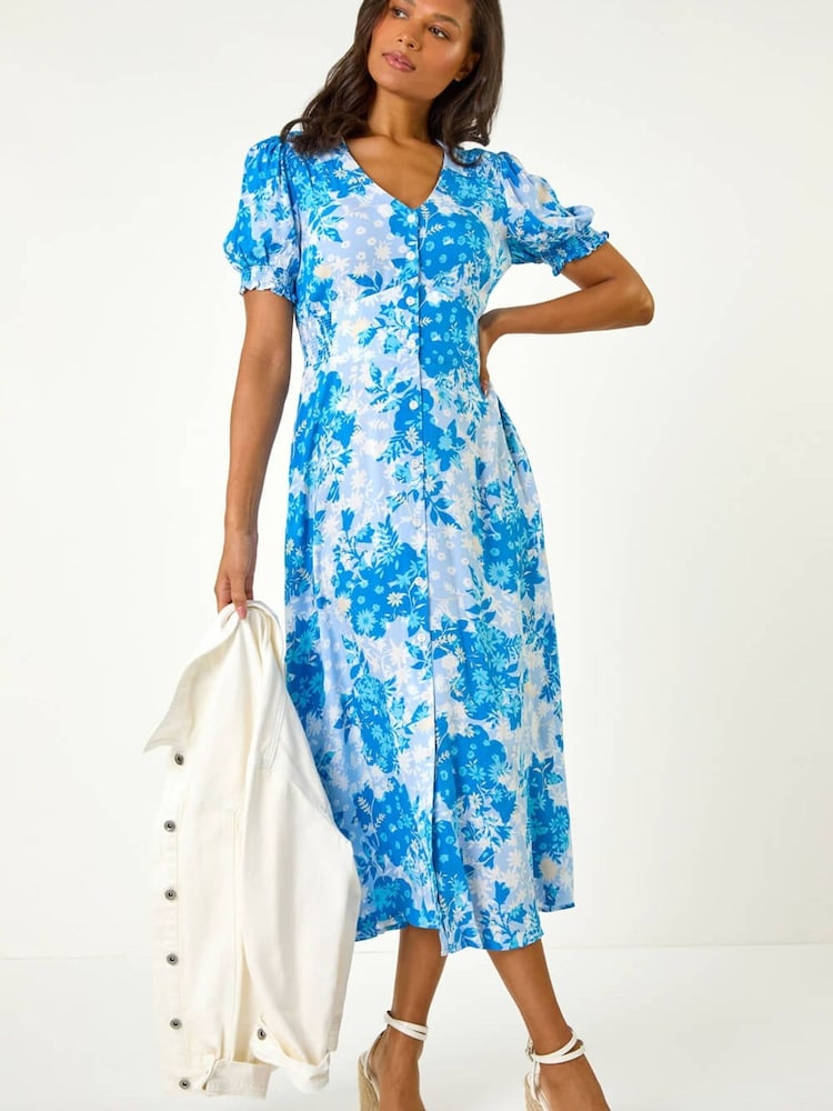 Roman Blue Floral Print Button Through Midi Dress - Image 1 of 5