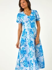 Roman Blue Floral Print Button Through Midi Dress - Image 2 of 5
