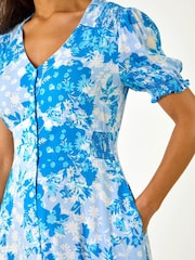 Roman Blue Floral Print Button Through Midi Dress - Image 5 of 5