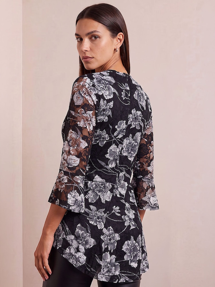 Roman Grey Floral Lace Stretch Top - Image 4 of 4 Roman Grey Floral Lace Stretch Top - Image 4 of 4
