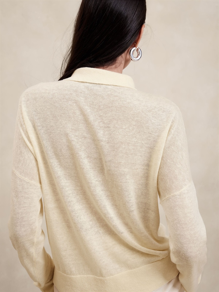 Banana Republic Beige Fern Linen-Blend Lightweight Polo Jumper - Image 2 of 4