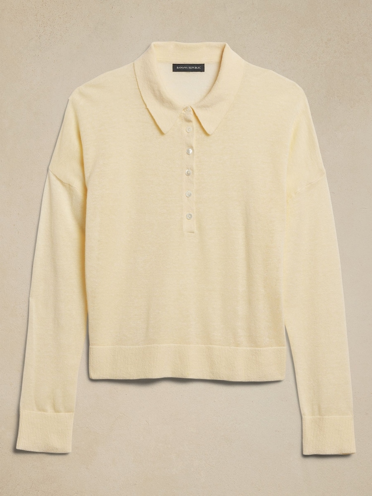 Banana Republic Beige Fern Linen-Blend Lightweight Polo Jumper - Image 4 of 4