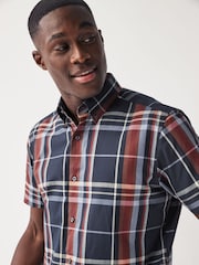 Navy Blue/Burgundy Red Madras Check Easy Iron Button Down Oxford Shirt - Image 5 of 7