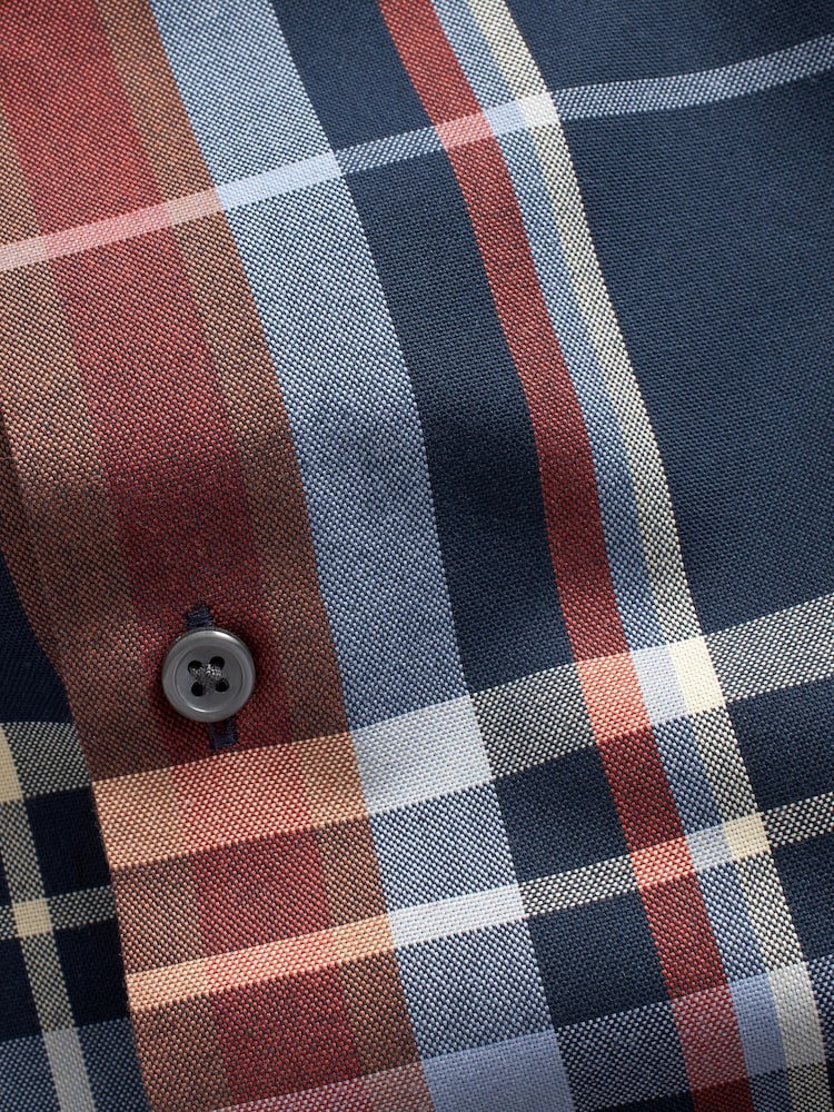 Navy Blue/Burgundy Red Madras Check Easy Iron Button Down Oxford Shirt - Image 7 of 7