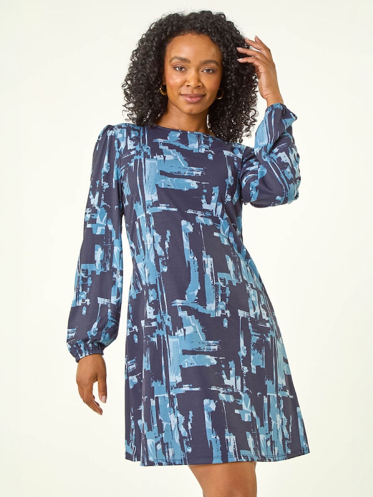 Roman Blue Petite Abstract Swing Dress - Image 1 of 4 Roman Blue Petite Abstract Swing Dress - Image 1 of 4