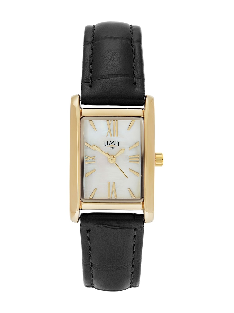 Limit Black Rectangular Gold Analogue Watch with Leather Strap - Image 2 of 5 Limit Black Rectangular Gold Analogue Watch with Leather Strap - Image 2 of 5