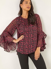 Roman Black Petite Paisley Frill Sleeve Top - Image 2 of 4