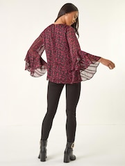 Roman Black Petite Paisley Frill Sleeve Top - Image 4 of 4