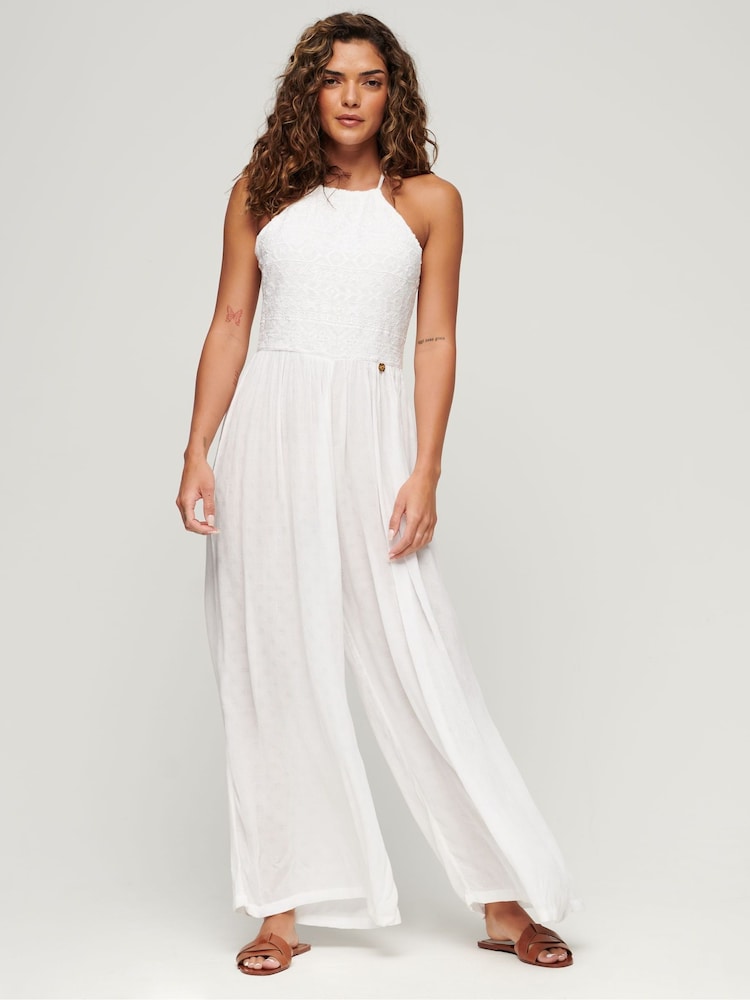 SUPERDRY White Embroidered Jumpsuit - Image 1 of 3 SUPERDRY White Embroidered Jumpsuit - Image 1 of 3