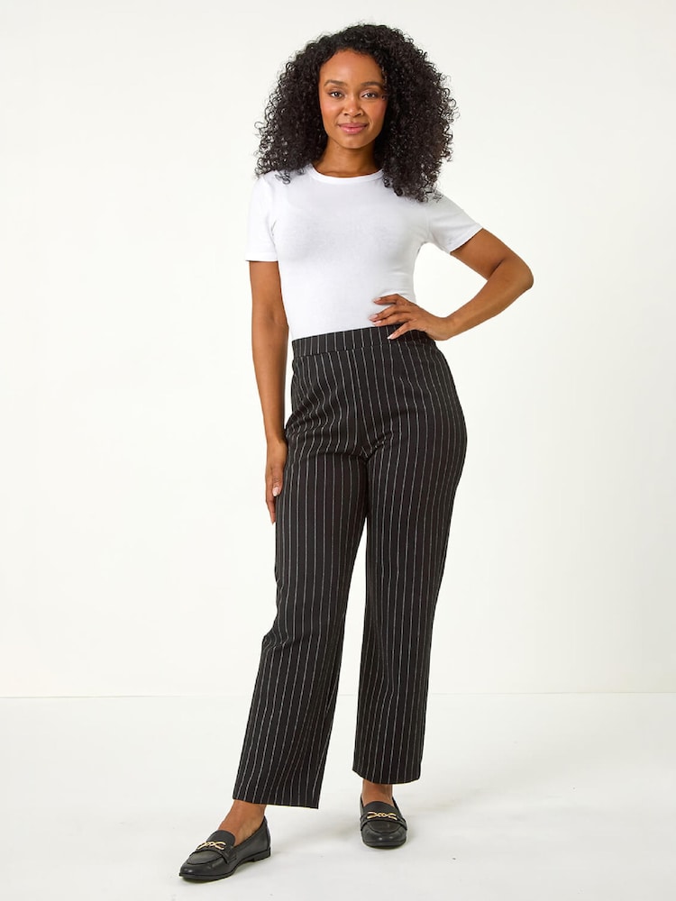 Roman Black Petite Stripe Print Stretch Trousers - Image 1 of 4 Roman Black Petite Stripe Print Stretch Trousers - Image 1 of 4