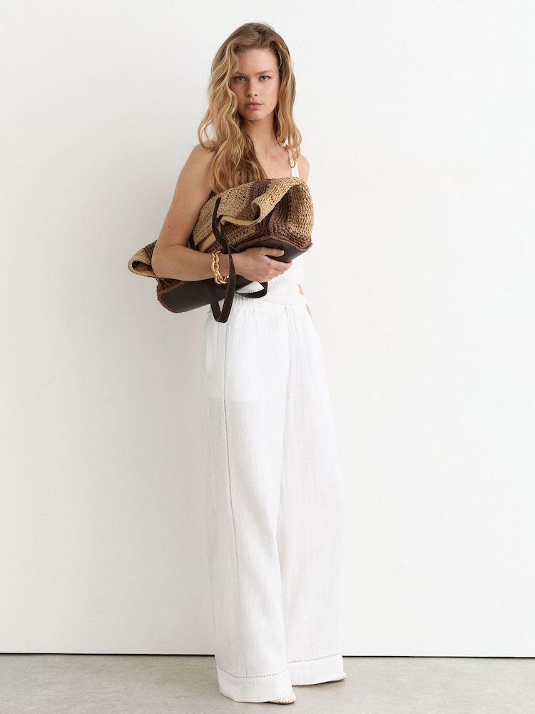 Reiss White Rue Cotton Cheesecloth Wide-Leg Trousers - Image 1 of 6 Reiss White Rue Cotton Cheesecloth Wide-Leg Trousers - Image 1 of 6