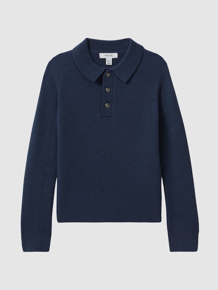 Reiss Petrol Blue Holms Senior Merino Wool Polo Shirt - Image 2 of 6