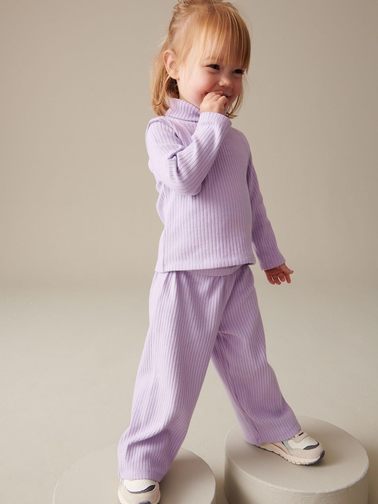 Lilac Ribbed Top and Wide Leg Trousers Set (3mths-7yrs) - Image 1 of 7