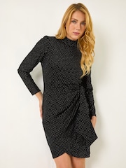 Roman Black Velvet High Neck Stud Bodycon Dress - Image 1 of 4