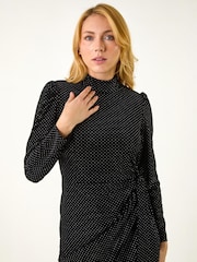 Roman Black Velvet High Neck Stud Bodycon Dress - Image 4 of 4