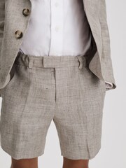 Reiss Oatmeal Auto 9-13 yrs Tailored 100% Linen Side Adjuster Shorts - Image 1 of 4