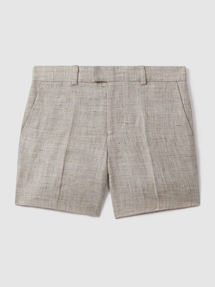 Reiss Oatmeal Auto 9-13 yrs Tailored 100% Linen Side Adjuster Shorts - Image 2 of 4